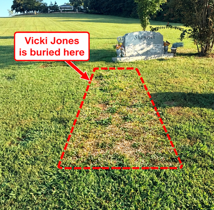 Photograph of Vicki's grave at Berry Highland Memorial Cemetery in Knoxville, TN, outlined in red, without a permanent headstone